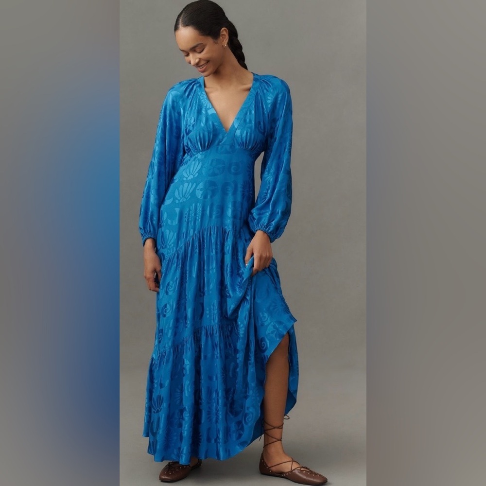 FARM Rio Jacquard Maxi Dress NWT Blue Long Sleeve XXS